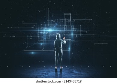 Back view of hacker using abstract glowing lines interface on dark background. Big data, metaverse and connection concept
