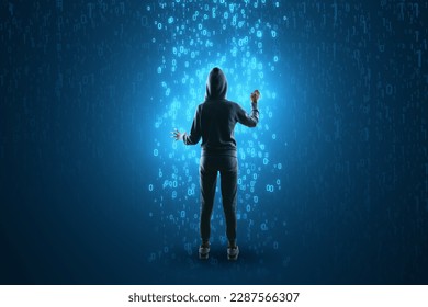 Back view of hacker using abstract glowing binary code hologram on blue background. Programming, hacking and theft concept