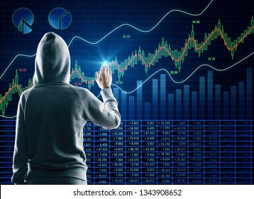 Back view of hacker using blue forex candlestick chart with index. Criminal and financial data concept