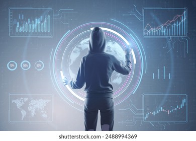 Back view of hacker using digital business interface on gray background. Hacking and dashboard concept. Double exposure