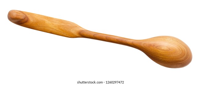 Back View Of Hand Carved Wood Spoon From Cherry Tree Isolated On White Background