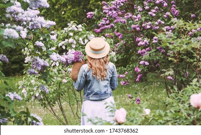 Back view happy beautiful young hipster girl in straw hat, denim jacket, dress walk, enjoy summer nature on blossom lilac garden. Cheerful carefree stylish blonde woman with wavy hair posing outdoors - Powered by Shutterstock