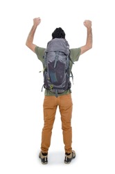 Back View Of Happy Young Man Hiker. A Tourist With Their Hands Up, A Gesture Of Success To Goals. Isolated On White Background. Rear View Of A Young Hiker Points At Wall With Bout Hands. Studio Shot.