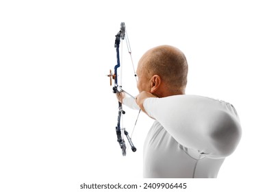 Back view image of man, archery at hele aiming with archery bow on target isolated over white studio background. Concept of professional sport and hobby, competition, action, game - Powered by Shutterstock