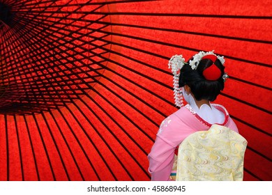 The Back View Of A Japanese Geisha, Copy Space