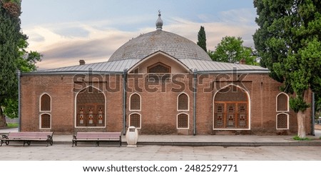 Back view of the Juma Mosque of Ganja, Azerbaijan, with its red bricks facade
