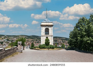 Back view of Kastamonu clock tower and city view in the background, Kastamonu, Turkey 