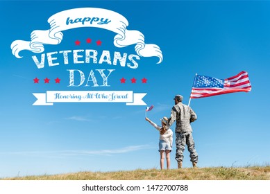 back view of kid in straw hat and military father holding american flags with happy veterans day, honoring all who served illustration