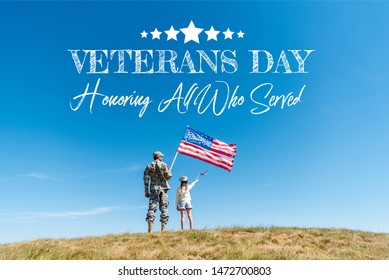 back view of kid in straw hat and military father holding american flags with veterans day, honoring all who served illustration