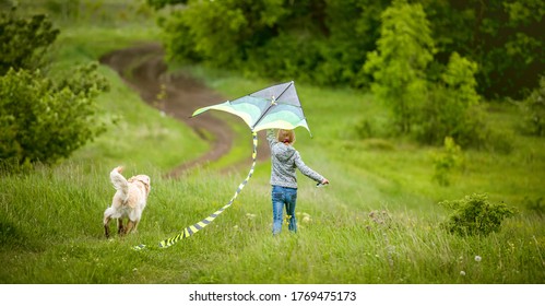 Back View Of Little Girl With Cute Dog Flying Colorful Kite On Spring Nature