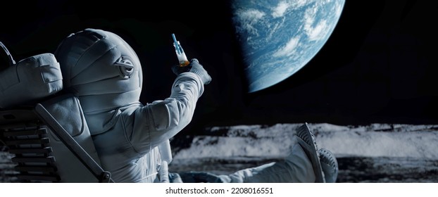 Back view of lunar astronaut having a beer while resting in a beach chair on Moon surface, saluting to Earth - Powered by Shutterstock