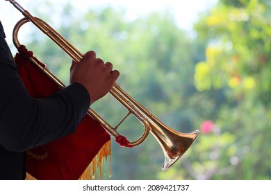 Back View Of Male Army Musicians Performing A Trumpet Show. At An Outdoor Jazz Event Nakhon Sawan, Thailand, 10 Dec 2021