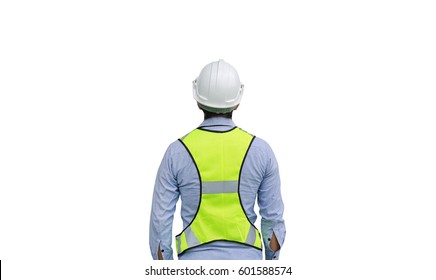 Back View Of Male Construction Worker Isolated On White Background