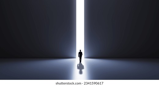 Back view of male silhouette in abstract concrete interior with line opening in wall, shadow and mock up place. Success, financial growth and future concept - Shutterstock ID 2341590617