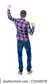 Back view of  man in checkered shirt shows thumbs up.   Rear view people collection.  backside view of person.  Isolated over white background.