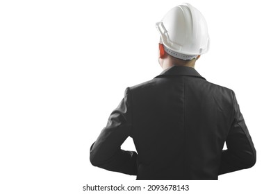 Back view of man engineer wear black suit white hardhat isolated on white background. Clipping path.