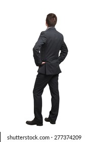 Back View Of Man In Formal Wear Looking Up. Isolated On White Background