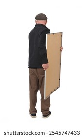 back view of a man holding a frame on white background