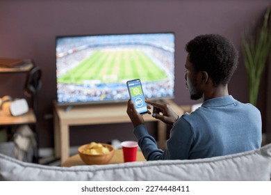 Back view man holding smartphone and sports bets app screen while watching football match at home  copy space