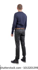 Back View Of Man In Jeans. Standing Young Guy. Rear View People Collection.  Backside View Of Person.  Isolated Over White Background. A Shortly Cropped Man In His Trousers Is Side By Side.