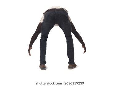 back view of a man lifting something imaginary, large or heavy from the ground on white background - Powered by Shutterstock - Get 15% off with code: PIKWIZARD15