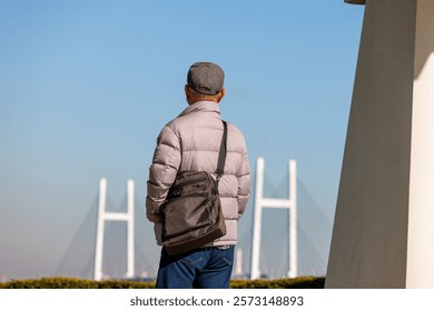 Back view of a man looking at the bridge over the harbor