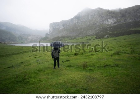Similar – Image, Stock Photo Unrecognizable person exploring Picos de Europa at sunrise