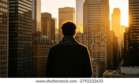 Back view of a man standing at rooftop, watching golden sunset skyscraper cityscape, warm golden hour light, modern urban building background, realistic high-definition wallpaper for design layout.