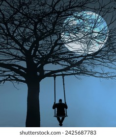 Back view of man swinging on the wooden swing on big leafless tree. Scenic landscape. rear view of middle age unrecognisable man swinging on swing with rope under mountains. full moon behind branches.