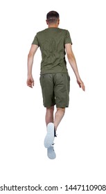 Back view of man in zero gravity or a fall. guy is flying, falling or floating in the air.  back view of person.  Isolated over white background. The guy is jumping or weight
