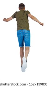 Back View Of Man In Zero Gravity Or A Fall. Guy Is Flying, Falling Or Floating In The Air. Side View People Collection. Side View Of Person. Isolated Over White Background. 