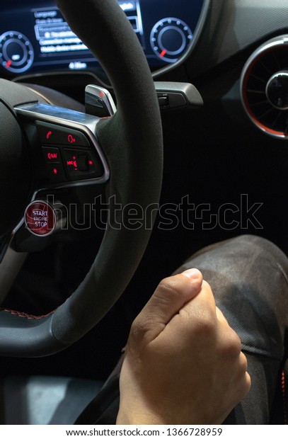 Back view of men driving\
sport car. 