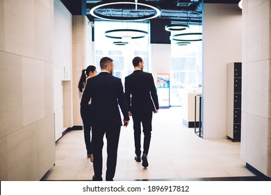 Back View Of Modern Business People In Formal Suits Walking In Spacious Hallway Of Contemporary City Office And Approaching To Elevator