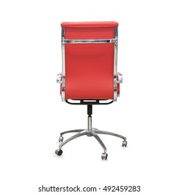 Back View Of Modern Office Chair From Red Leather. Isolated