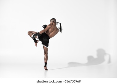 Back View Of Muay Thai Fighter Training Isolated On White, Fight Club Concept