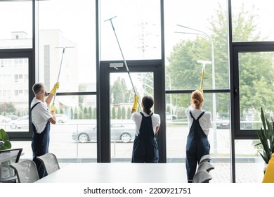 back view of multicultural professional workers washing large panoramic windows in office