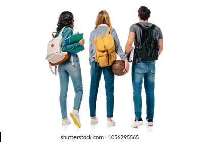 back view of multicultural students with backpacks and basketball ball isolated on white - Powered by Shutterstock