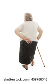 Back View Of A Old Woman With A Cane Looking Up. Rear View People Collection. Isolated On White Background 
