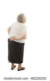 Back View Of A Old Woman With A Cane Looking Up. Rear View People Collection. Isolated On White Background 
