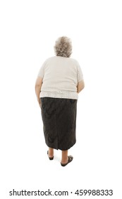 Back View Of A Old Woman Looking Up. Rear View People Collection. Isolated On White Background 