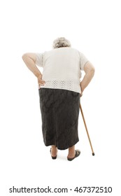 Back View Of A Old Woman With Back Pain. Rear View People Collection. Isolated On White Background 