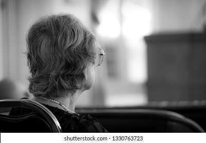 Back View Of Old Woman Sit On Chair. Elderly People Depressed And Anxiety. Aging Society Depression Problem In Senior Retirement Person. Alzheimer And Dementia Patient. Lonely Senior Woman. Loneliness