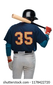 Back View On A Baseball Player. Big Number On A Team Uniform And A Wooden Bat On A Shoulder.