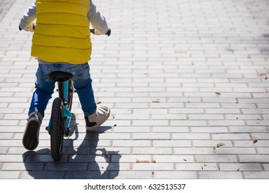 Back View On Cute Toddler Boy Riding His Bike. Child On Bicycle In The Park.