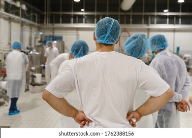 Back view on group of people wearing protective bouffant caps and masks standing and watching the production process at factory - High demanding health hygiene and standard safety concept