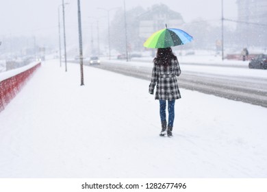 Back View On Women Walking In The City On Blizzard. Woman Walks Through Snow On Sidewalk