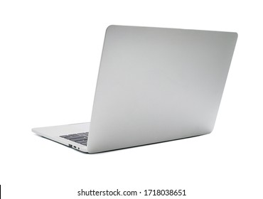 Back View Of Open Laptop Computer. Modern Thin Edge Slim Design. Mockup And Gray Metal Aluminum Material Body Isolated On White Background With Clipping Path.