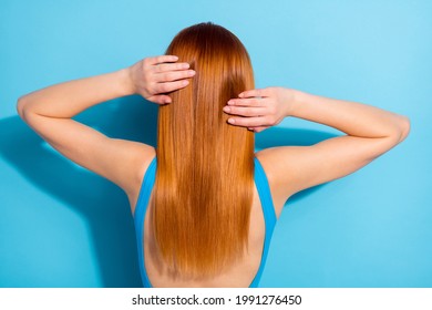 Back View Photo Red Haired Woman Wearing Pretty Singlet Got Straight Silky Hair Isolated Pastel Blue Color Background