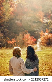 Back View Photo Of Two Best Girlfriends Resting In Autumn Forest