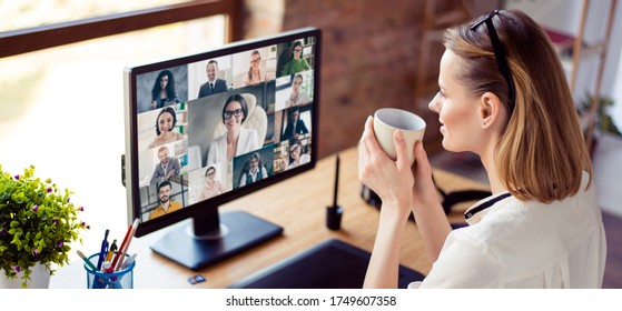 Back View Photo Of Woman Worker Have Webcam Group Conference With Her Coworkers On Modern Computer At Home, Female Employee Speak Talk On Video Chat Call With Diverse Colleagues Online Brief Collage